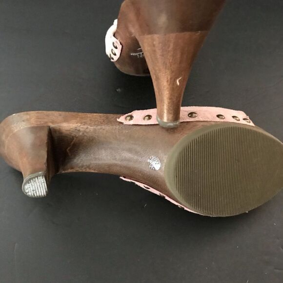 Vintage pink suede bow wood slides Bisou disco - Picture 6 of 7